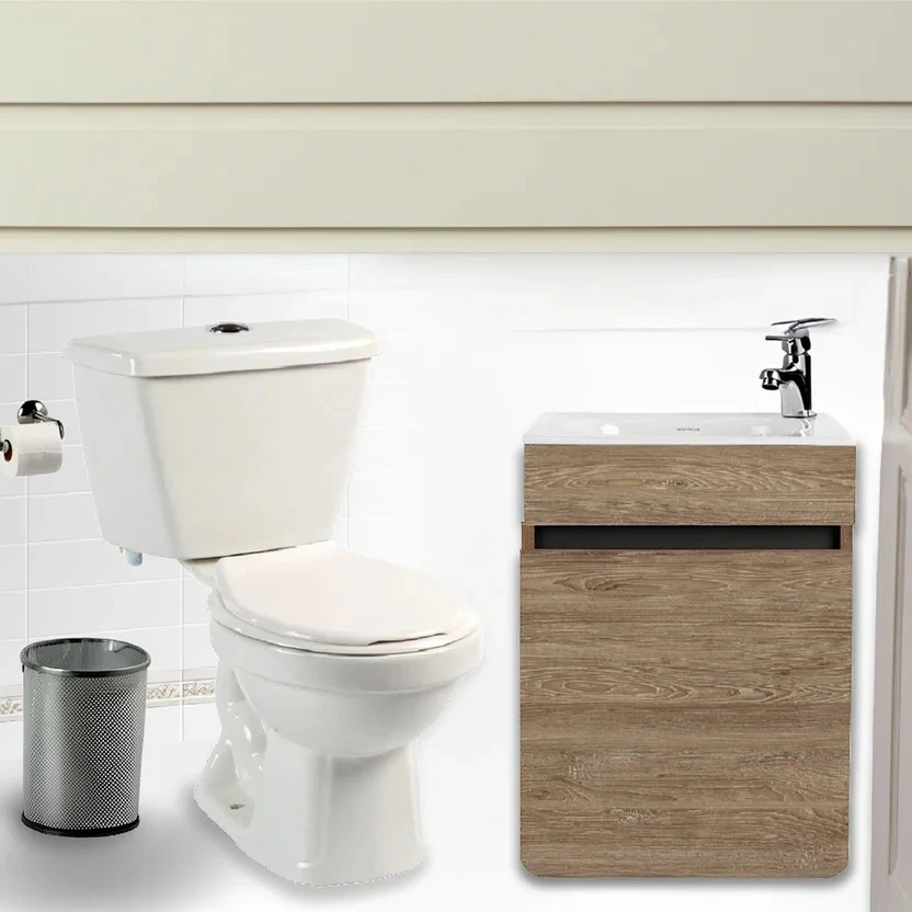 Combo De Baño Tao : Sanitario Tao Redondo de 2 piezas + Mueble Aluvia Miel 40 cm + Griferia Lavamanos Nogal Sensi Dacqua